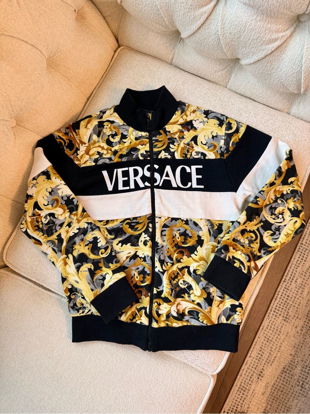 Versace Baroque Print Zip-Up Jacket in Black, Gold, White